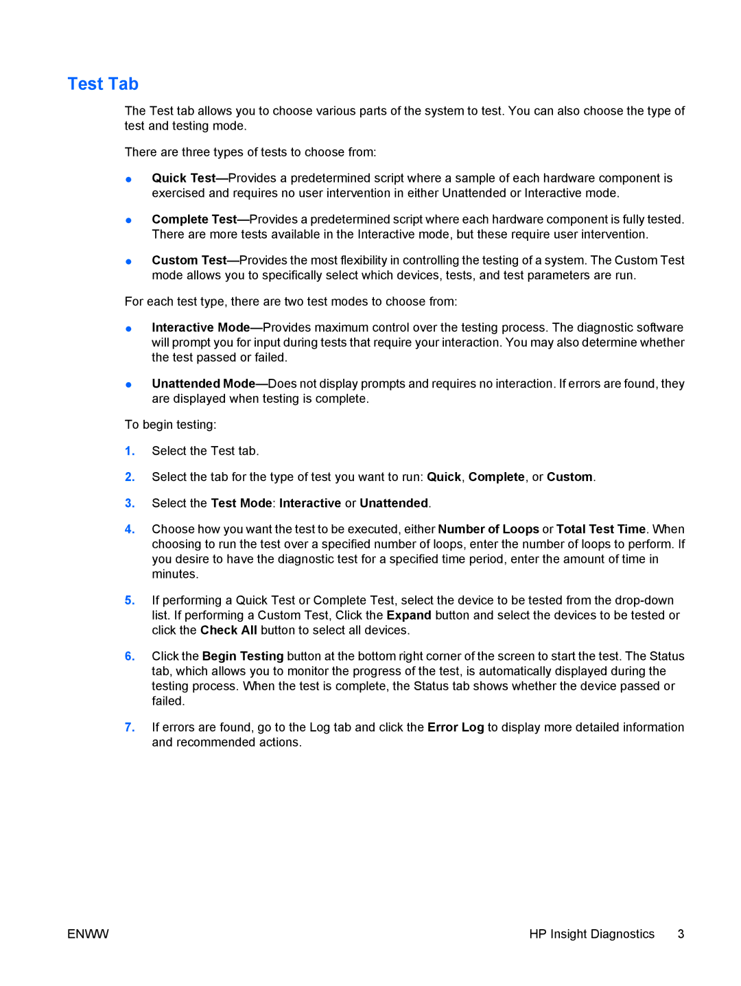 HP DX2250 manual Test Tab, Select the Test Mode Interactive or Unattended 