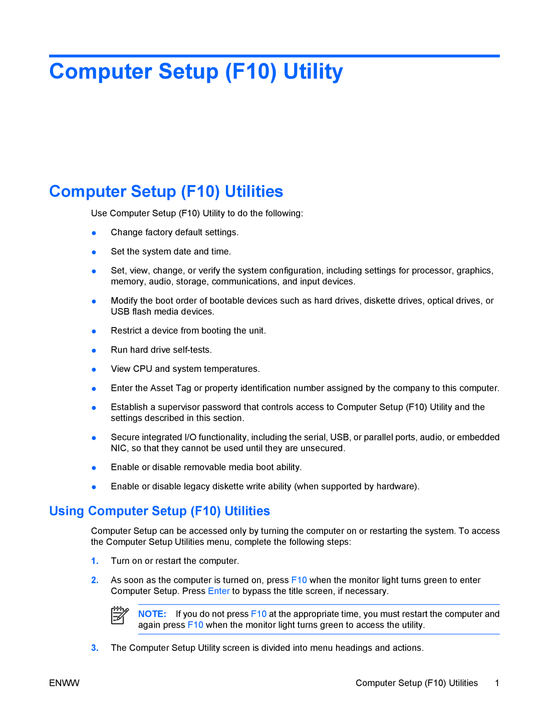 HP DX2250 manual Computer Setup F10 Utility, Using Computer Setup F10 Utilities 