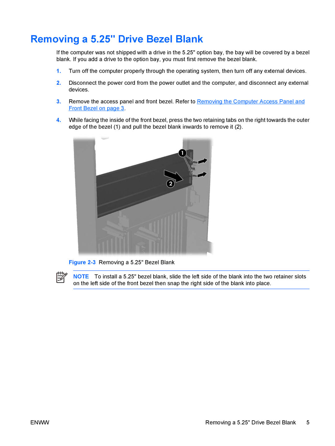 HP DX2250 manual Removing a 5.25 Drive Bezel Blank, 3Removing a 5.25 Bezel Blank 