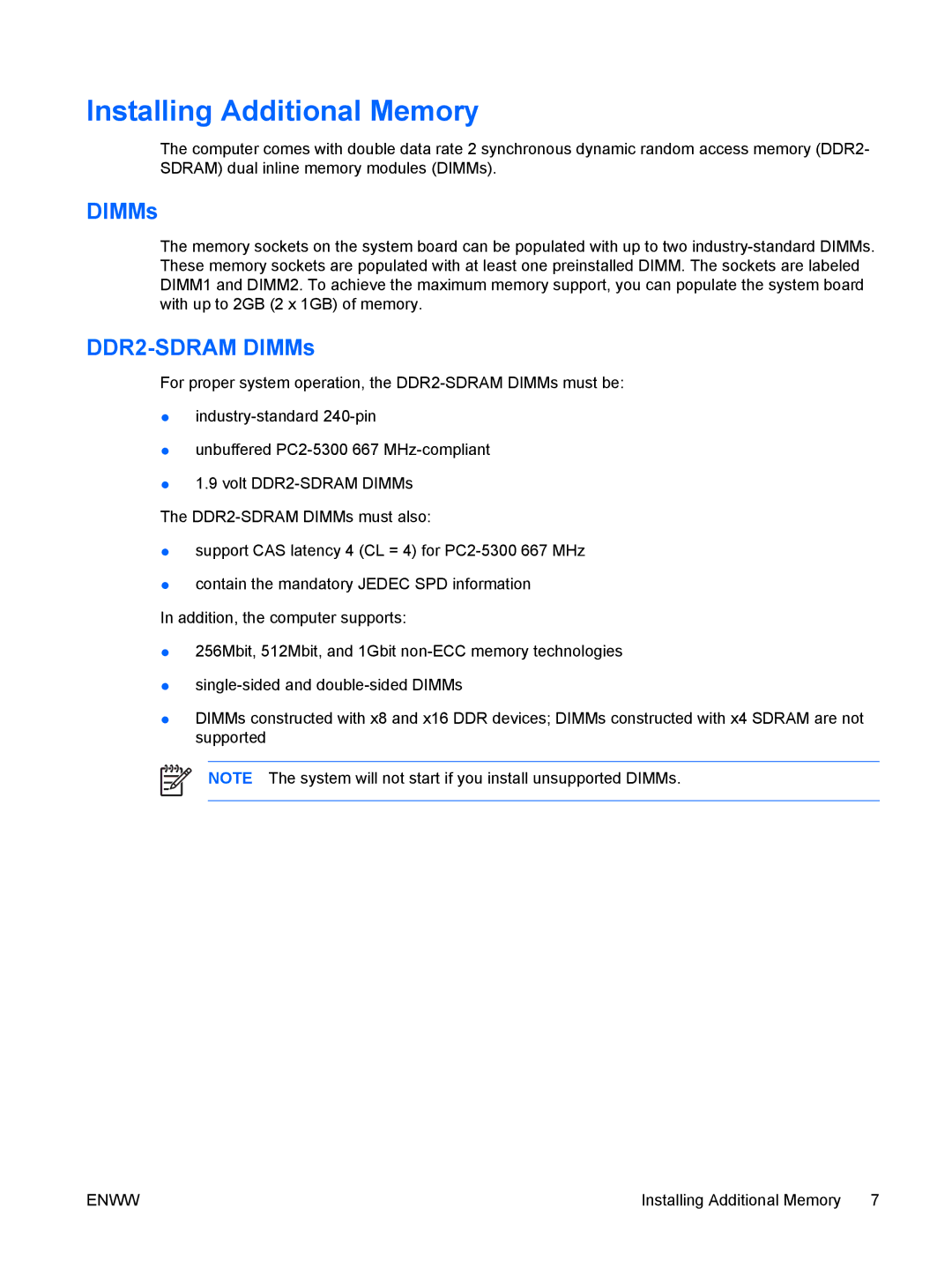 HP DX2250 manual Installing Additional Memory, DDR2-SDRAM DIMMs 