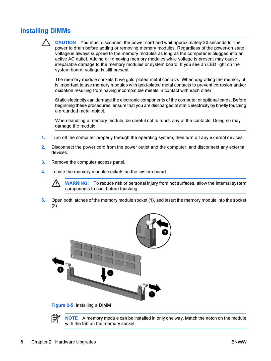 HP DX2250 manual Installing DIMMs, 5Installing a Dimm Hardware Upgrades 