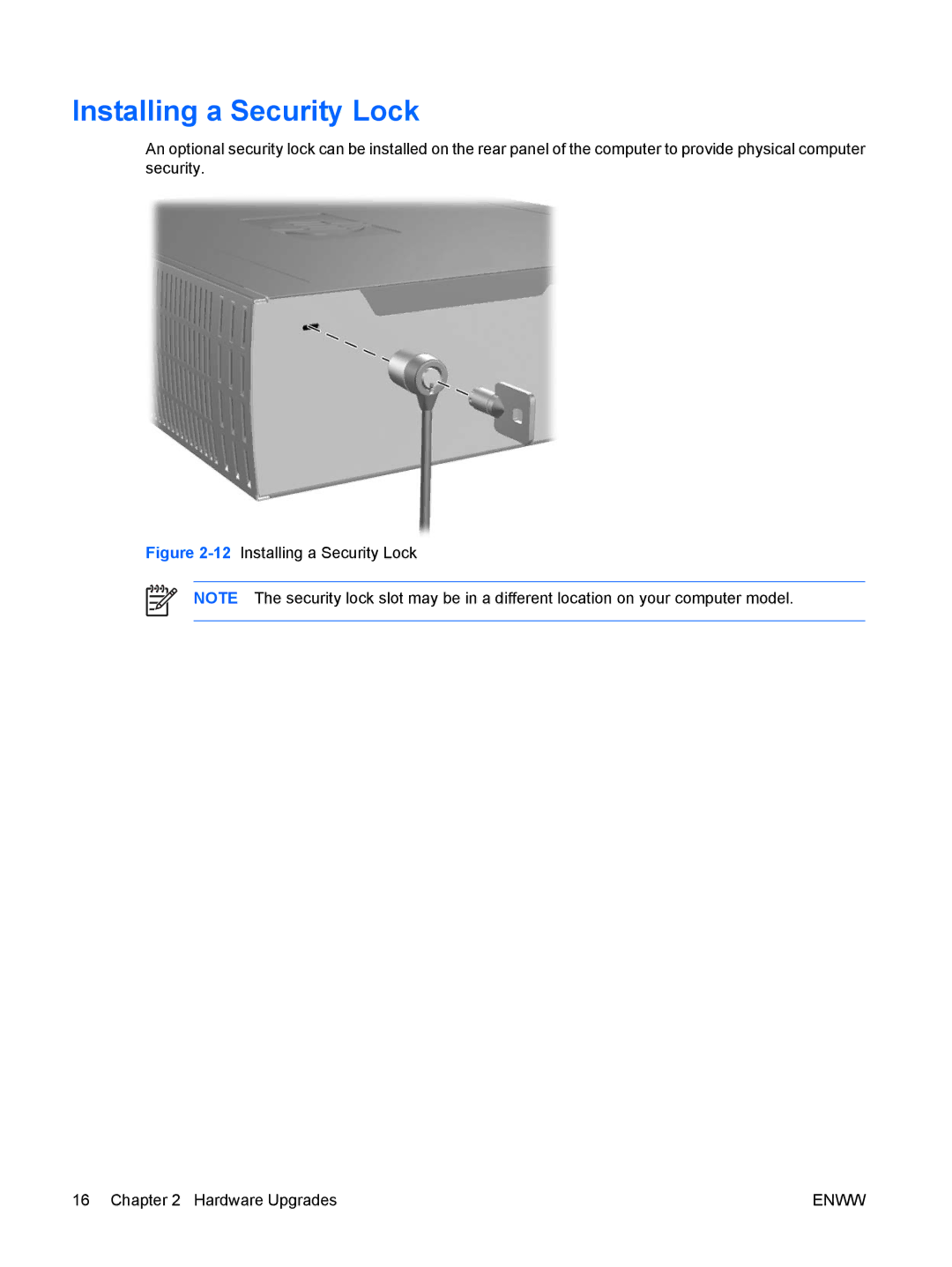 HP DX2250 manual 12Installing a Security Lock Hardware Upgrades 