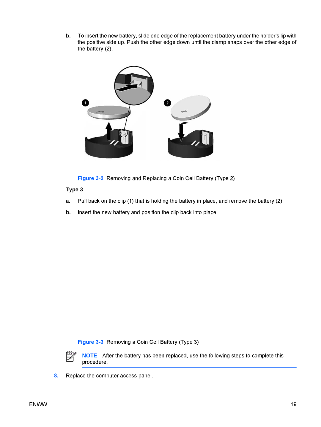 HP DX2250 manual 2Removing and Replacing a Coin Cell Battery Type 