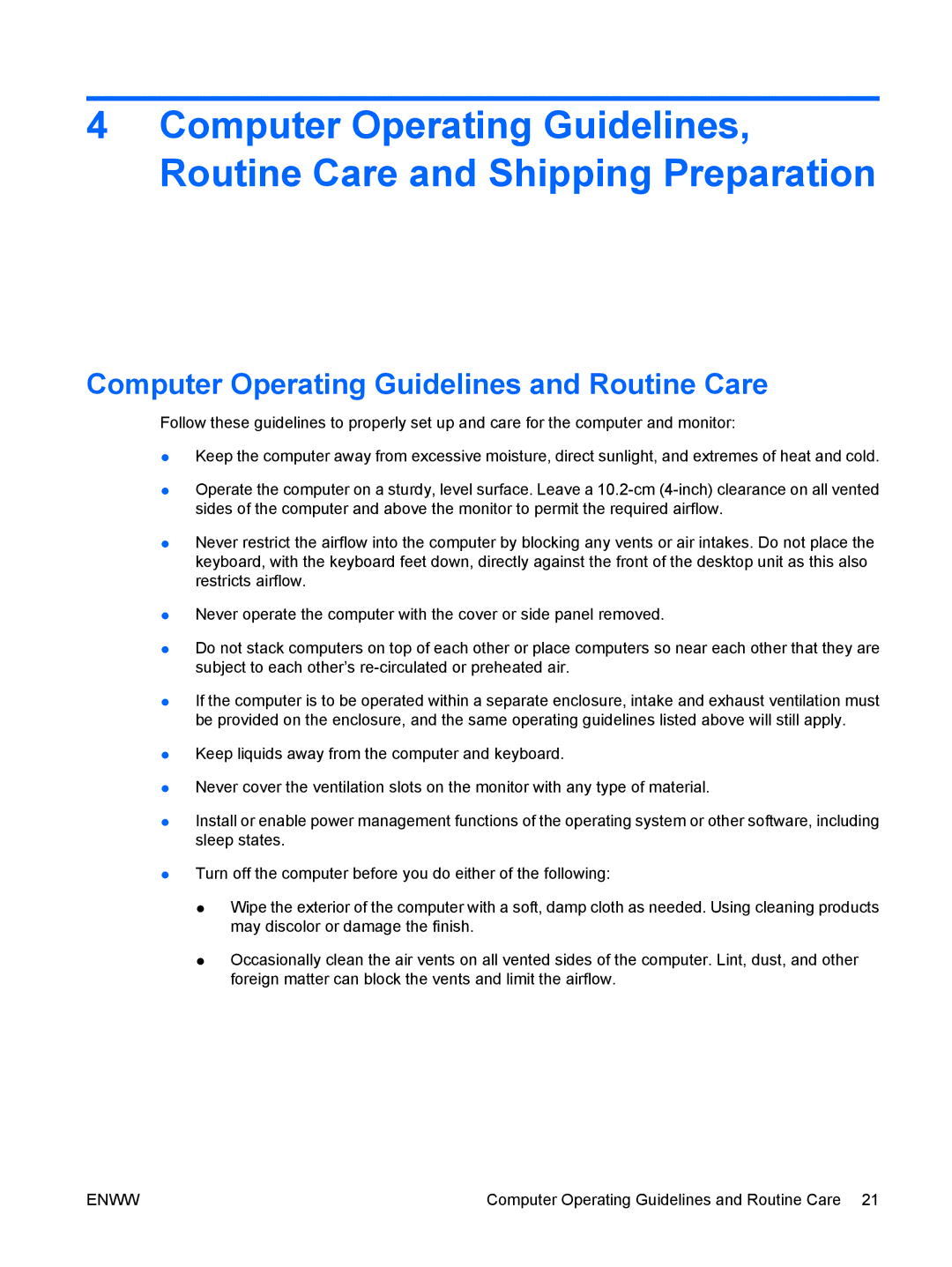 HP DX2250 manual Computer Operating Guidelines and Routine Care 