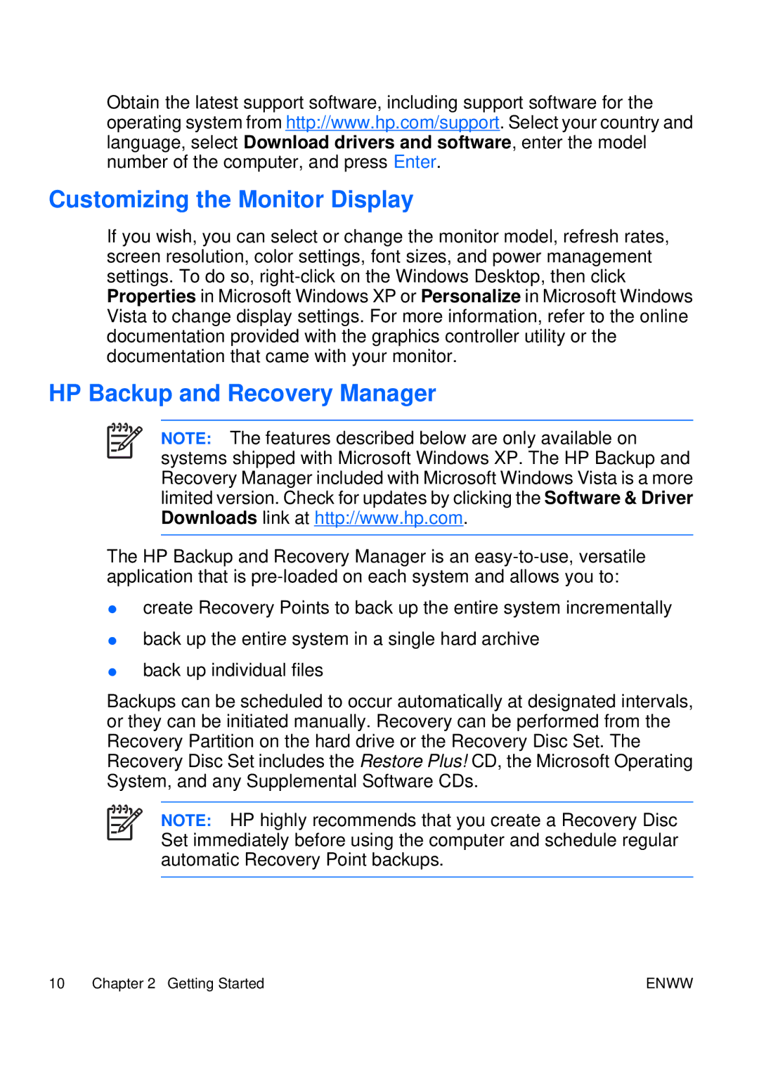 HP DX2250 manual Customizing the Monitor Display, HP Backup and Recovery Manager 