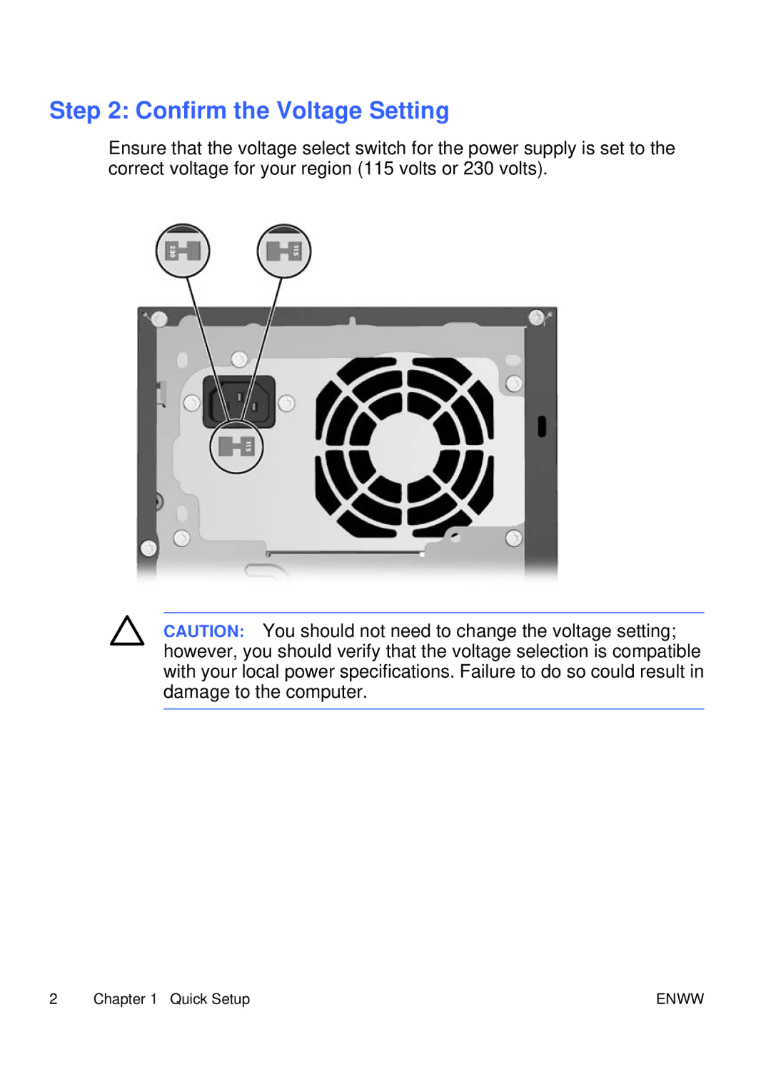 HP DX2250 manual Confirm the Voltage Setting 