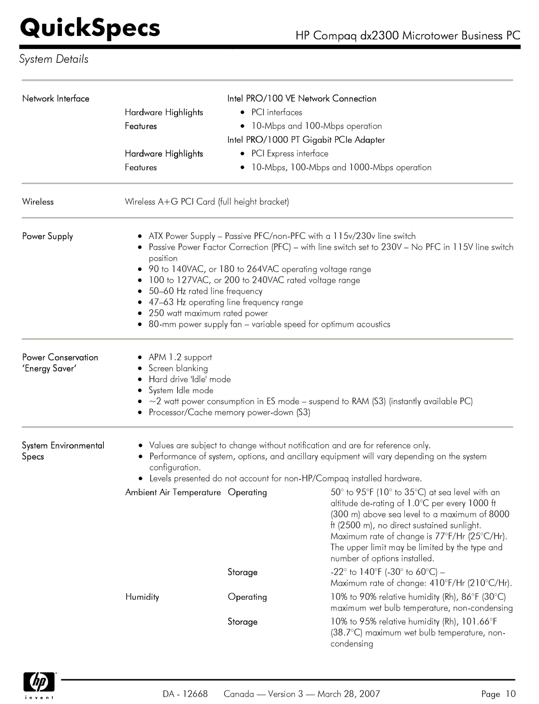 HP DX2300 Features, Intel PRO/1000 PT Gigabit PCIe Adapter, Wireless, Power Conservation, ‘Energy Saver‘, Specs, Operating 