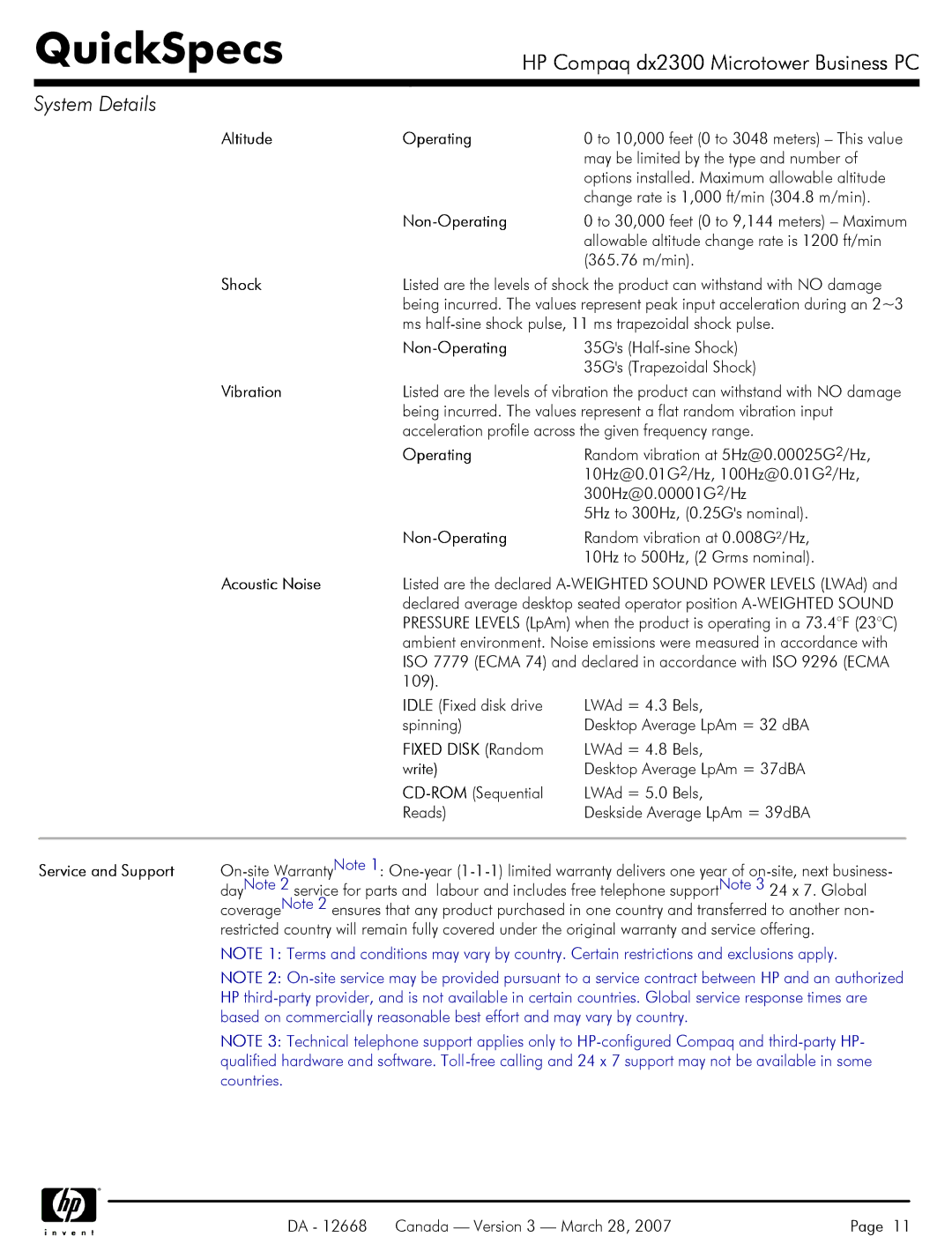 HP DX2300 manual Altitude Operating, Non-Operating, Shock, Vibration, Acoustic Noise, Fixed Disk Random 