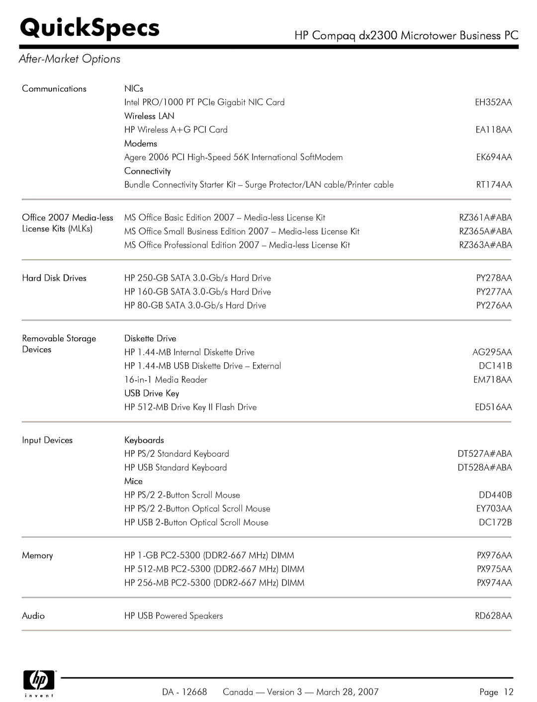 HP DX2300 manual After-Market Options 