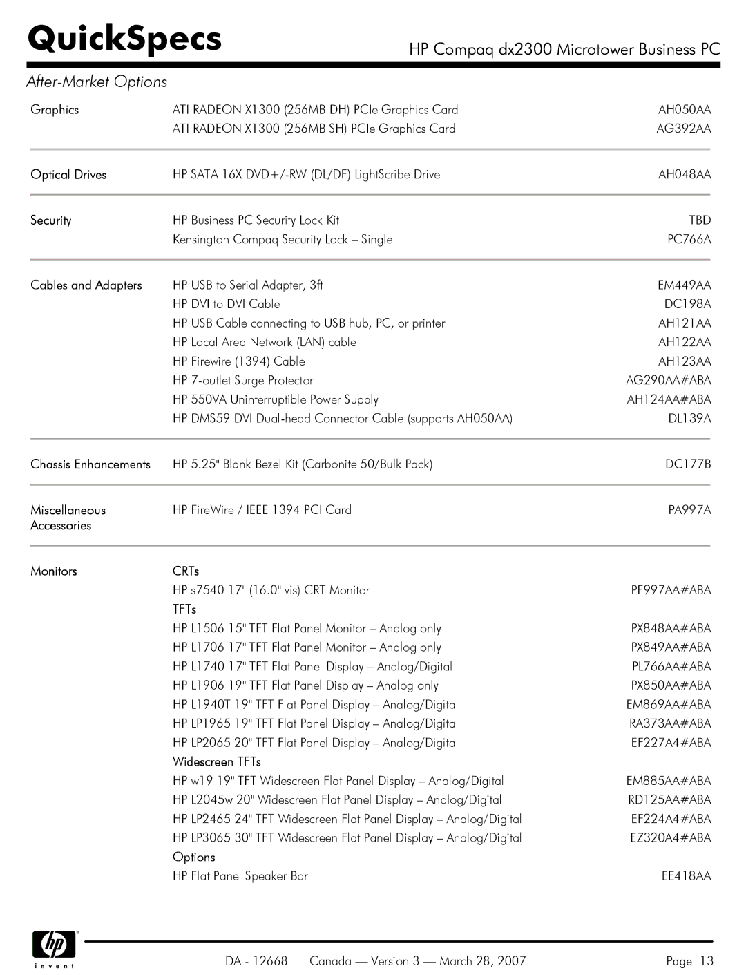 HP DX2300 manual Optical Drives, Cables and Adapters, Chassis Enhancements, Accessories Monitors CRTs, Widescreen TFTs 