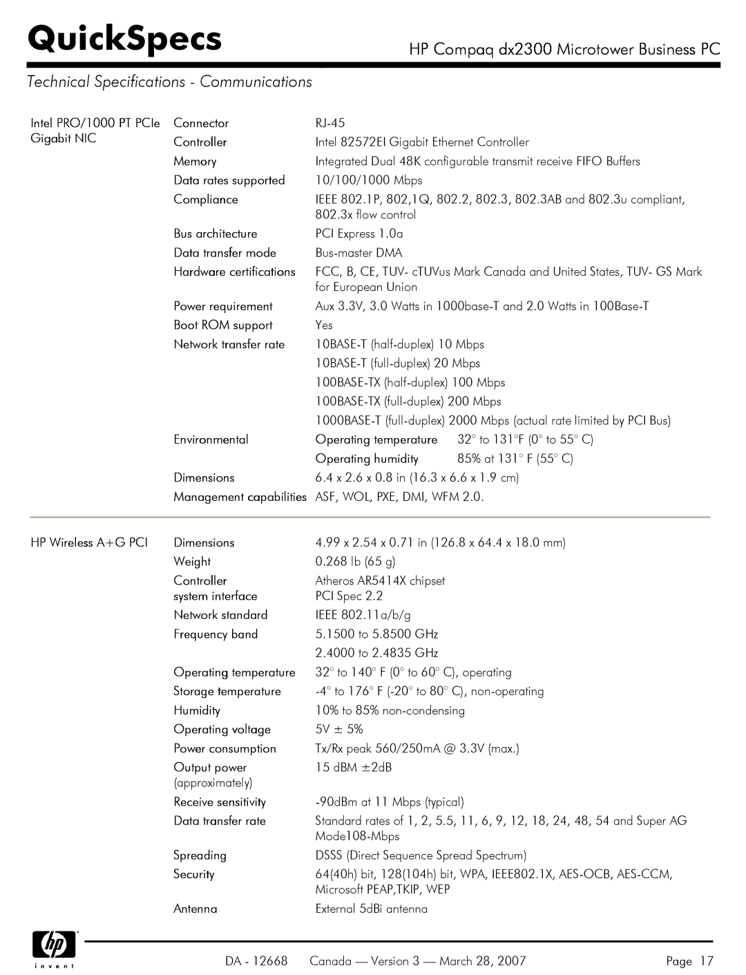 HP DX2300 manual Technical Specifications Communications 