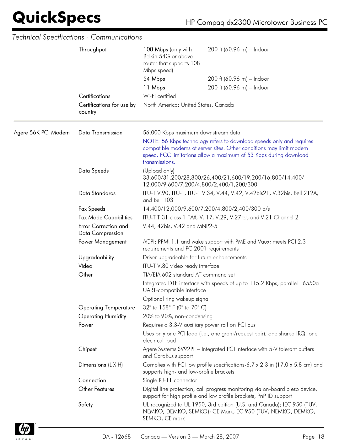 HP DX2300 Throughput, Mbps, Certifications, Country Agere 56K PCI Modem Data Transmission, Data Speeds, Data Standards 