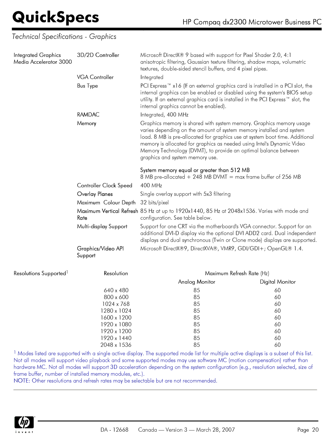 HP DX2300 manual Technical Specifications Graphics, Ramdac 