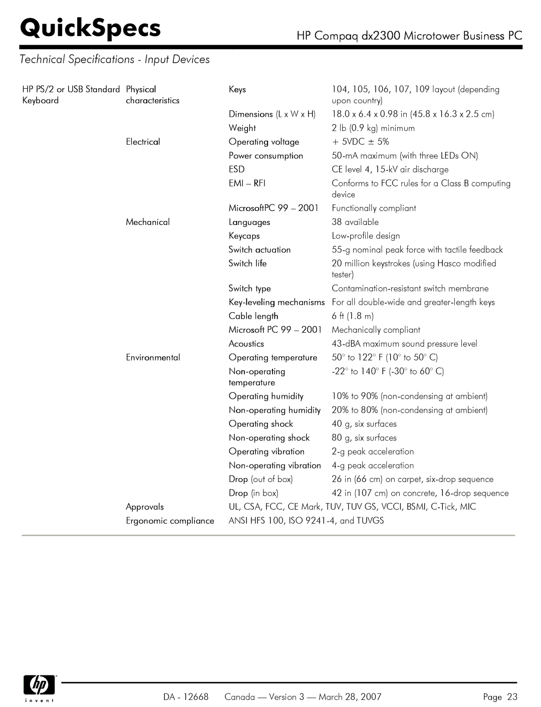 HP DX2300 manual Technical Specifications Input Devices, Esd, Emi Rfi 