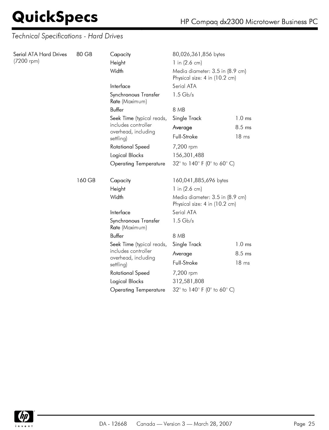 HP DX2300 manual Technical Specifications Hard Drives 