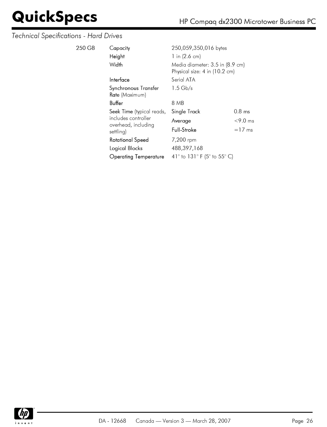 HP DX2300 manual GB Capacity 