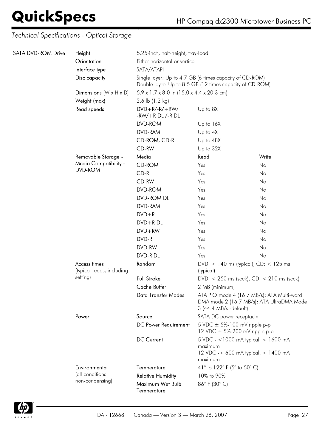 HP DX2300 manual Technical Specifications Optical Storage, Sata/Atapi, Dvd-Rom 