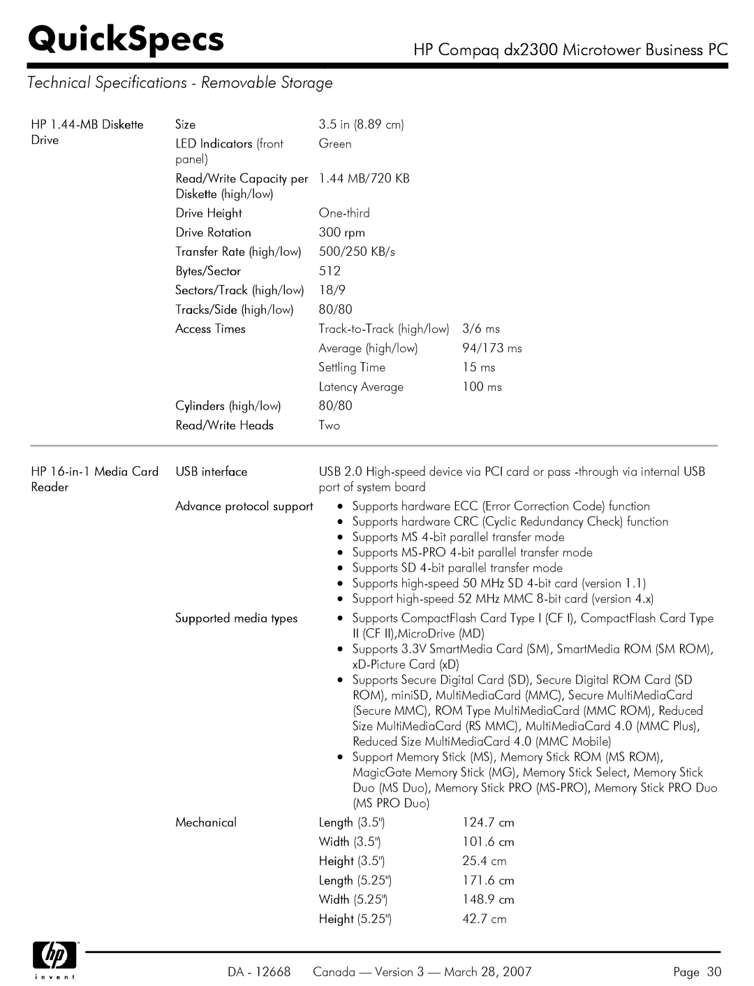 HP DX2300 manual Technical Specifications Removable Storage 