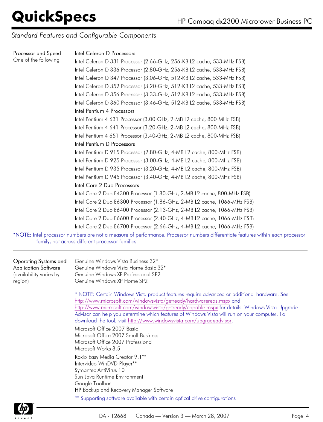 HP DX2300 manual Standard Features and Configurable Components 