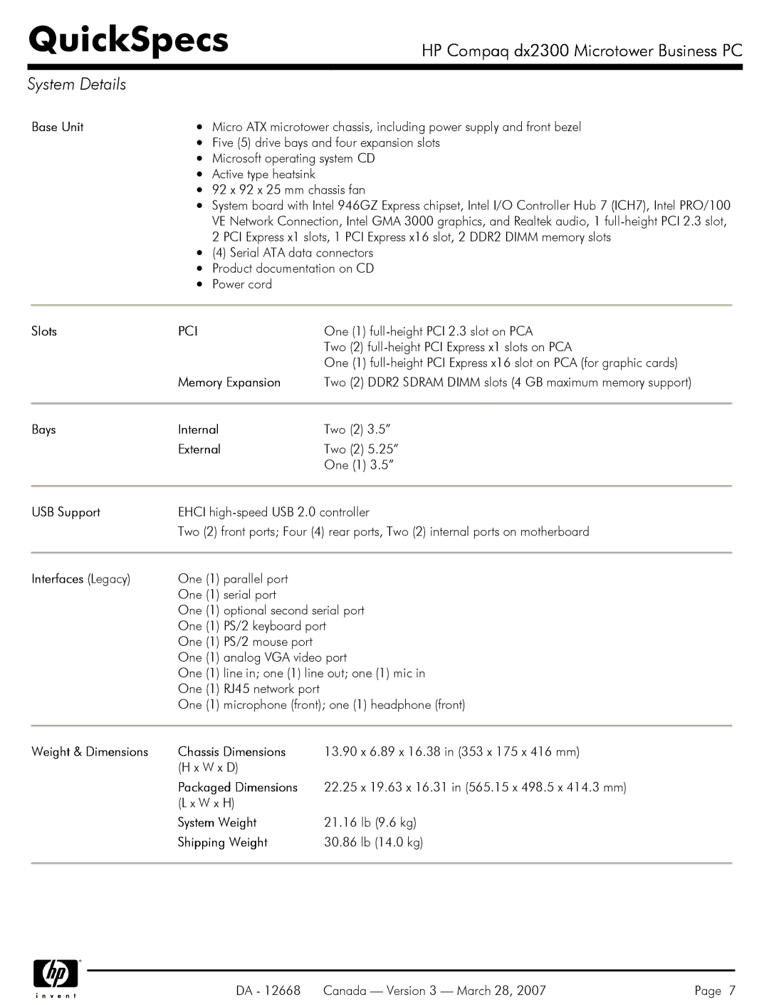 HP DX2300 manual System Details, Pci 