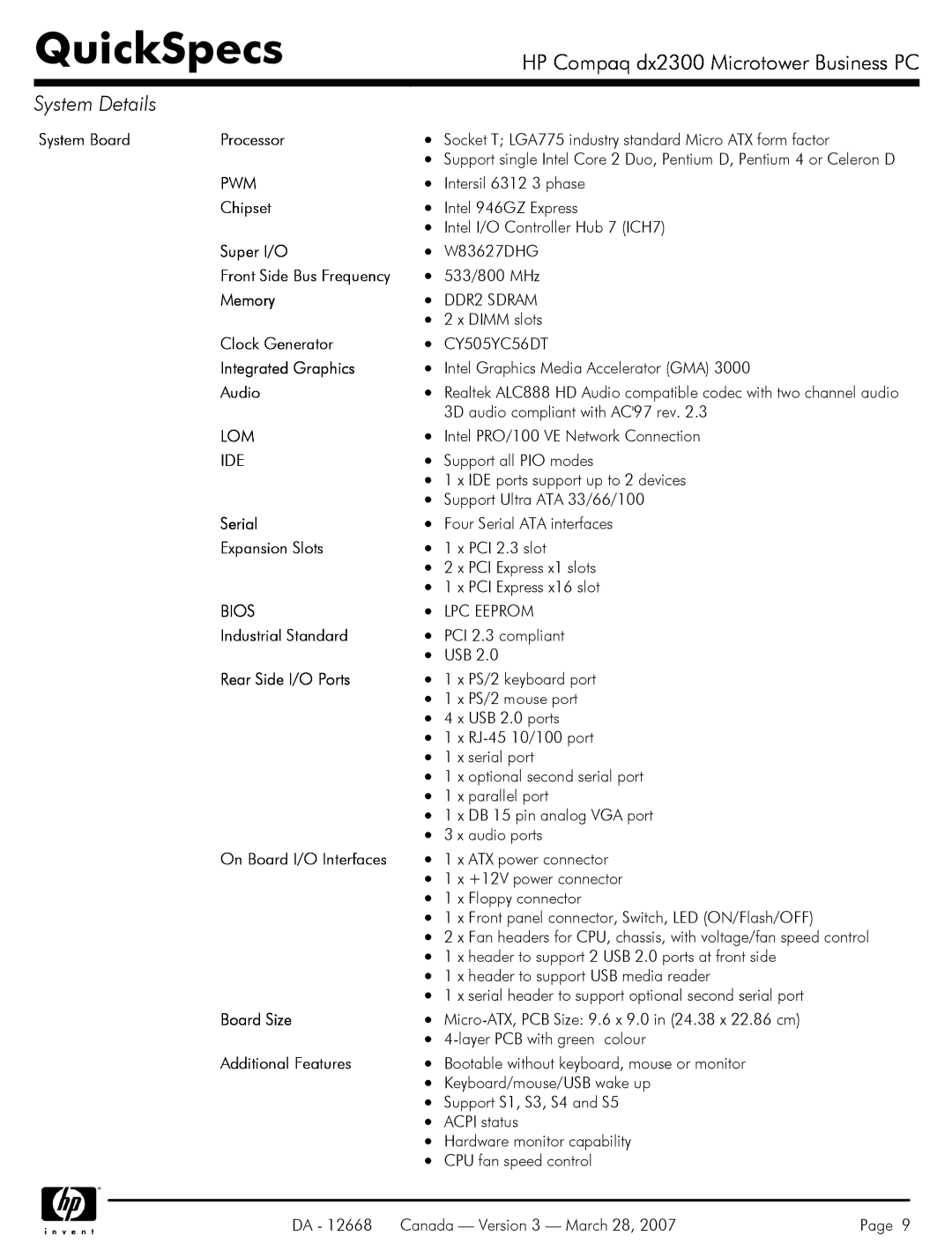 HP DX2300 manual Pwm, Lom, Ide, Bios 