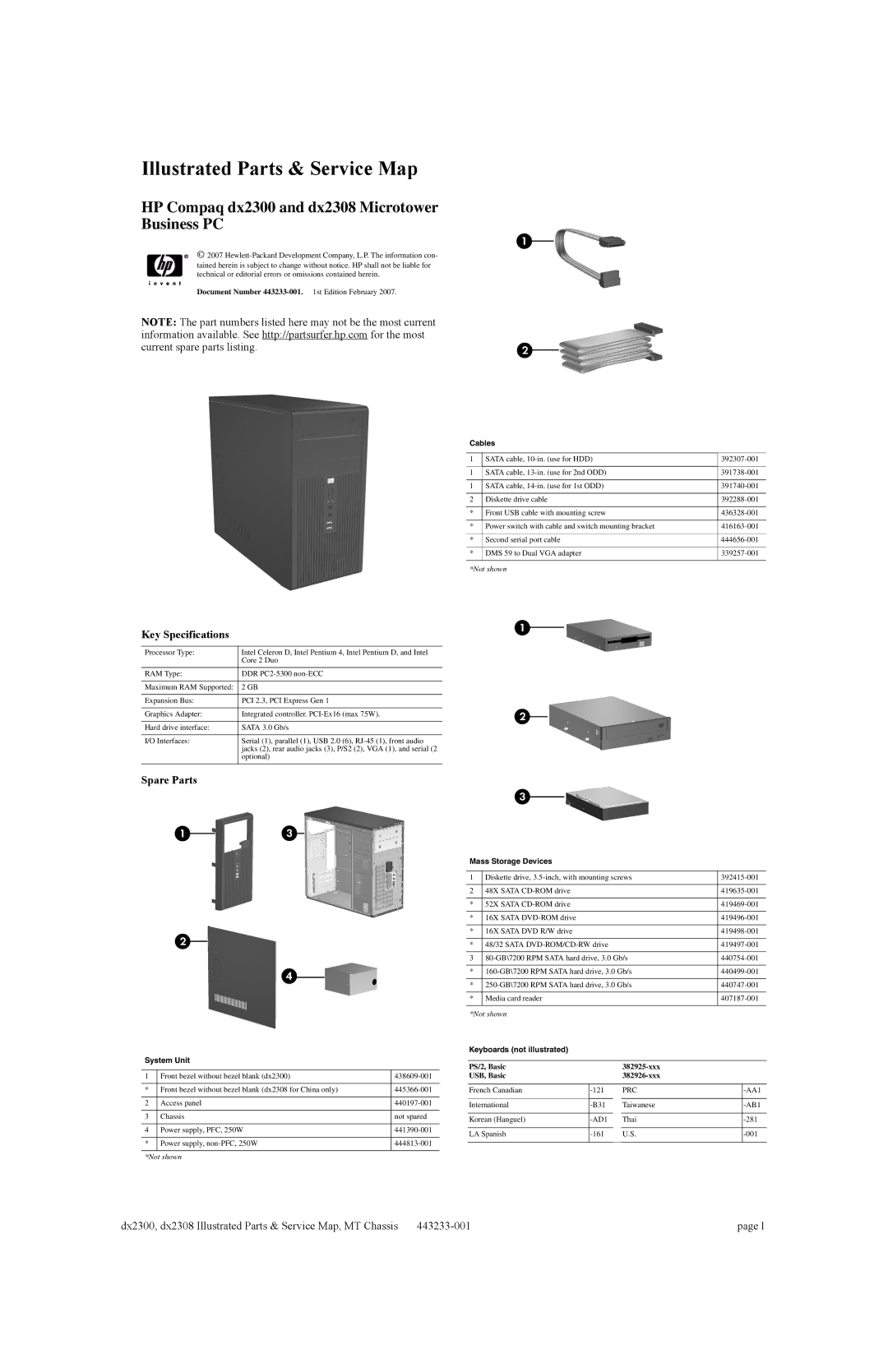 HP DX2300 manual Key Specifications, Spare Parts 