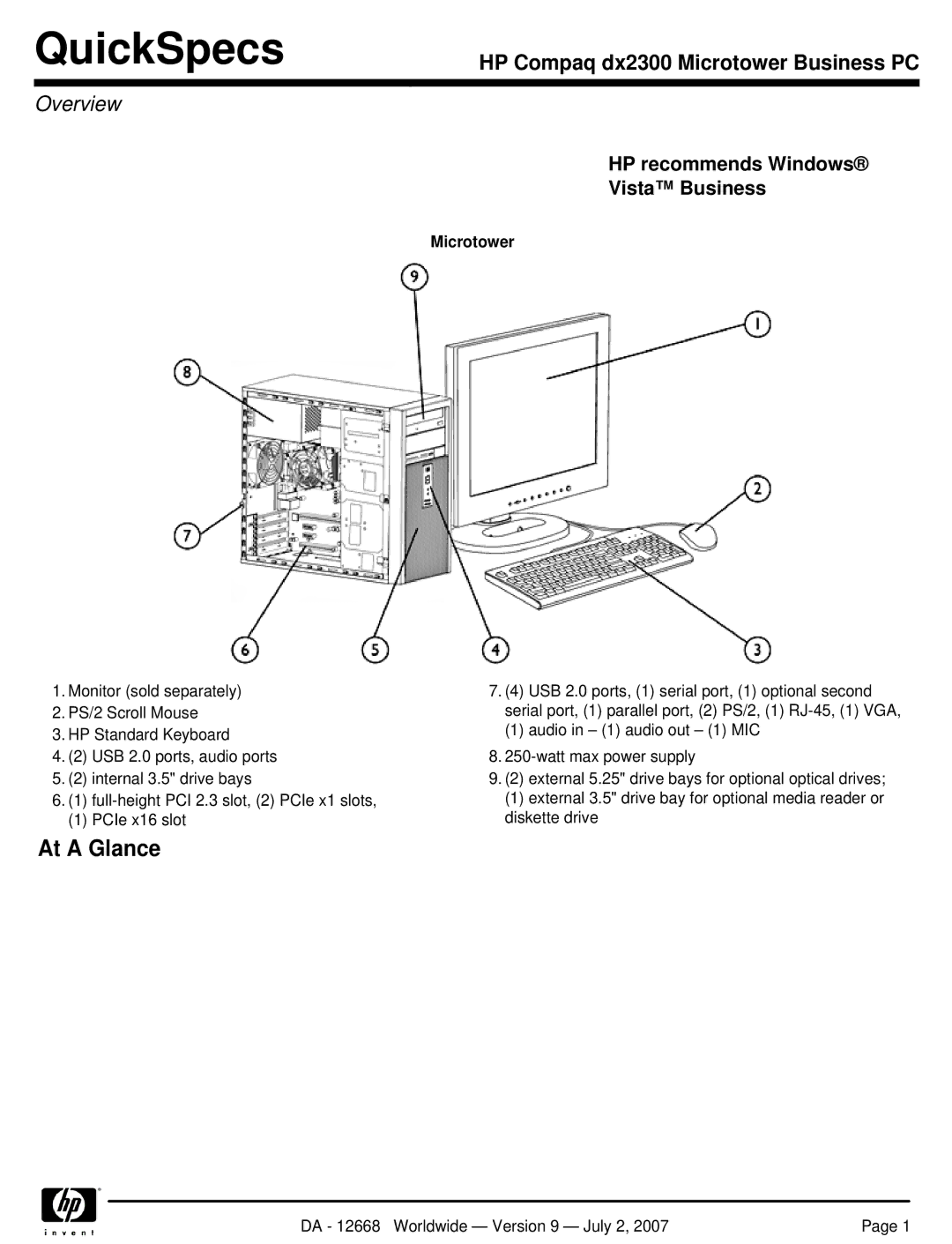 HP DX2300 manual Overview, Microtower 