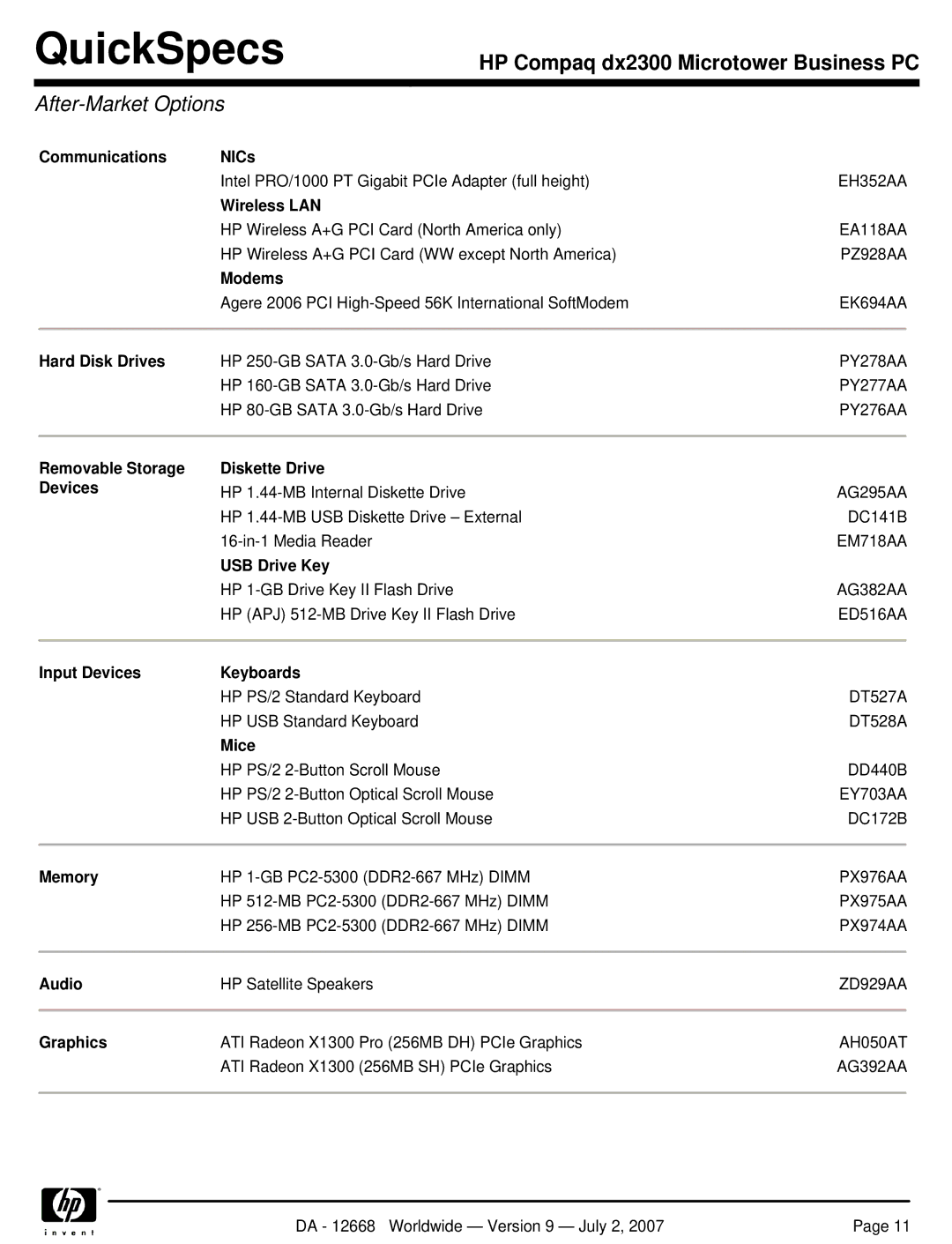 HP DX2300 manual After-Market Options 