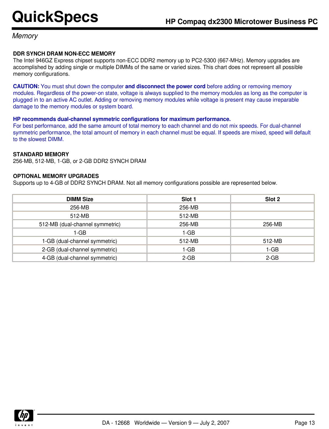 HP DX2300 manual DDR Synch Dram NON-ECC Memory, Standard Memory, Optional Memory Upgrades, Dimm Size Slot 