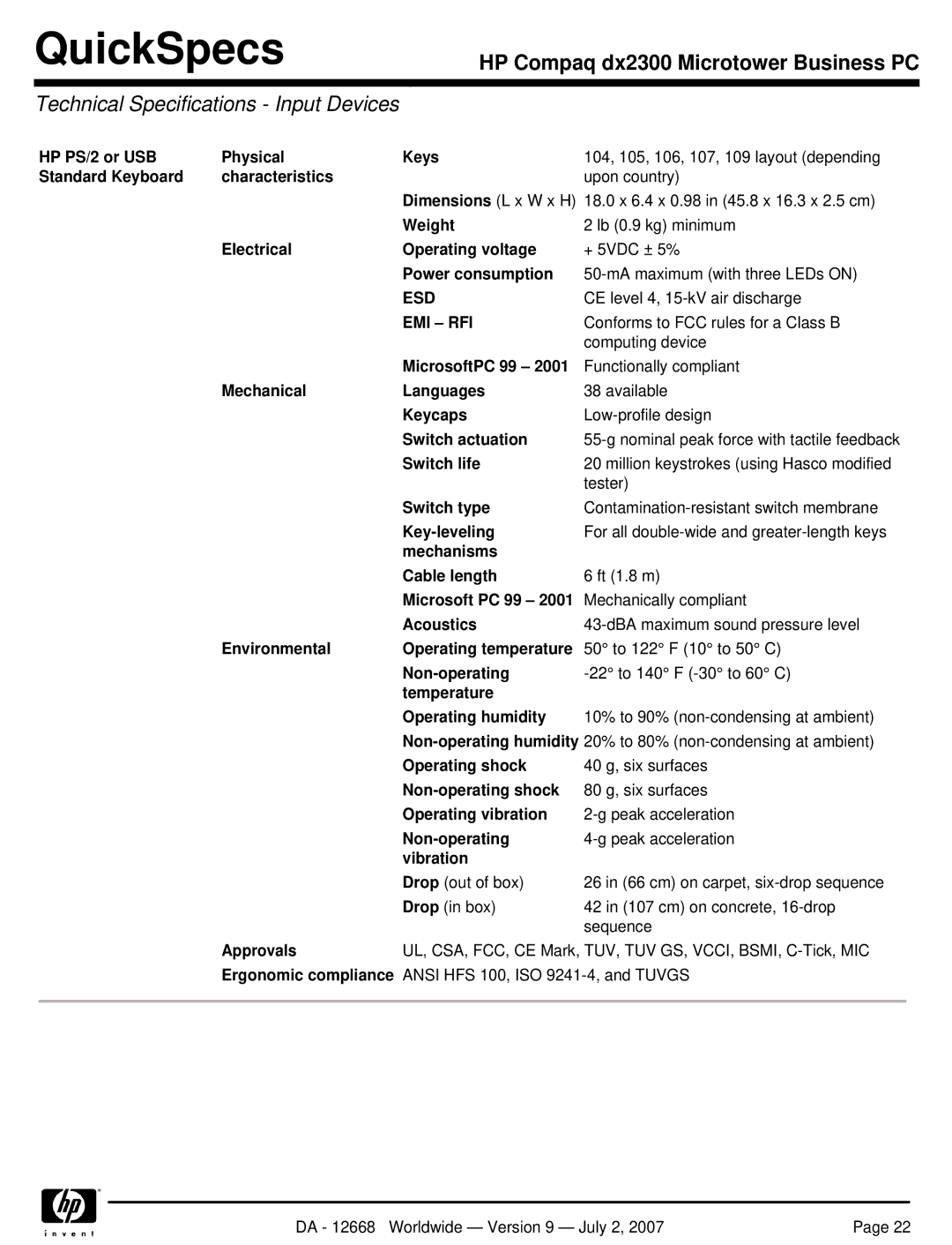 HP DX2300 manual Technical Specifications Input Devices, Esd, Emi Rfi 