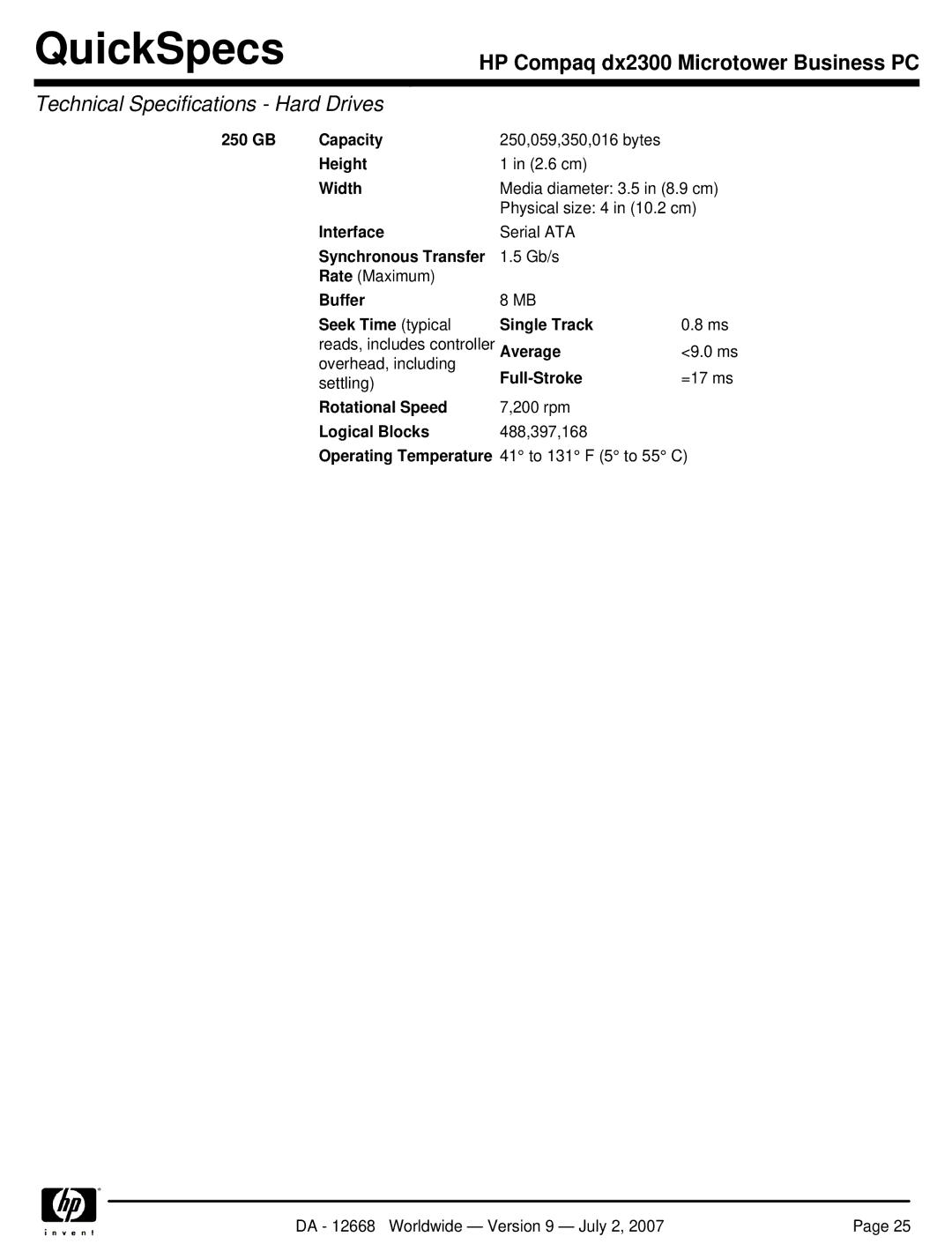 HP DX2300 manual GB Capacity 