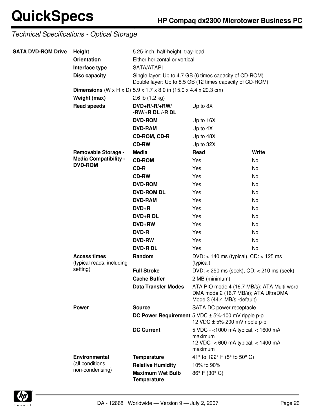 HP DX2300 manual Technical Specifications Optical Storage 