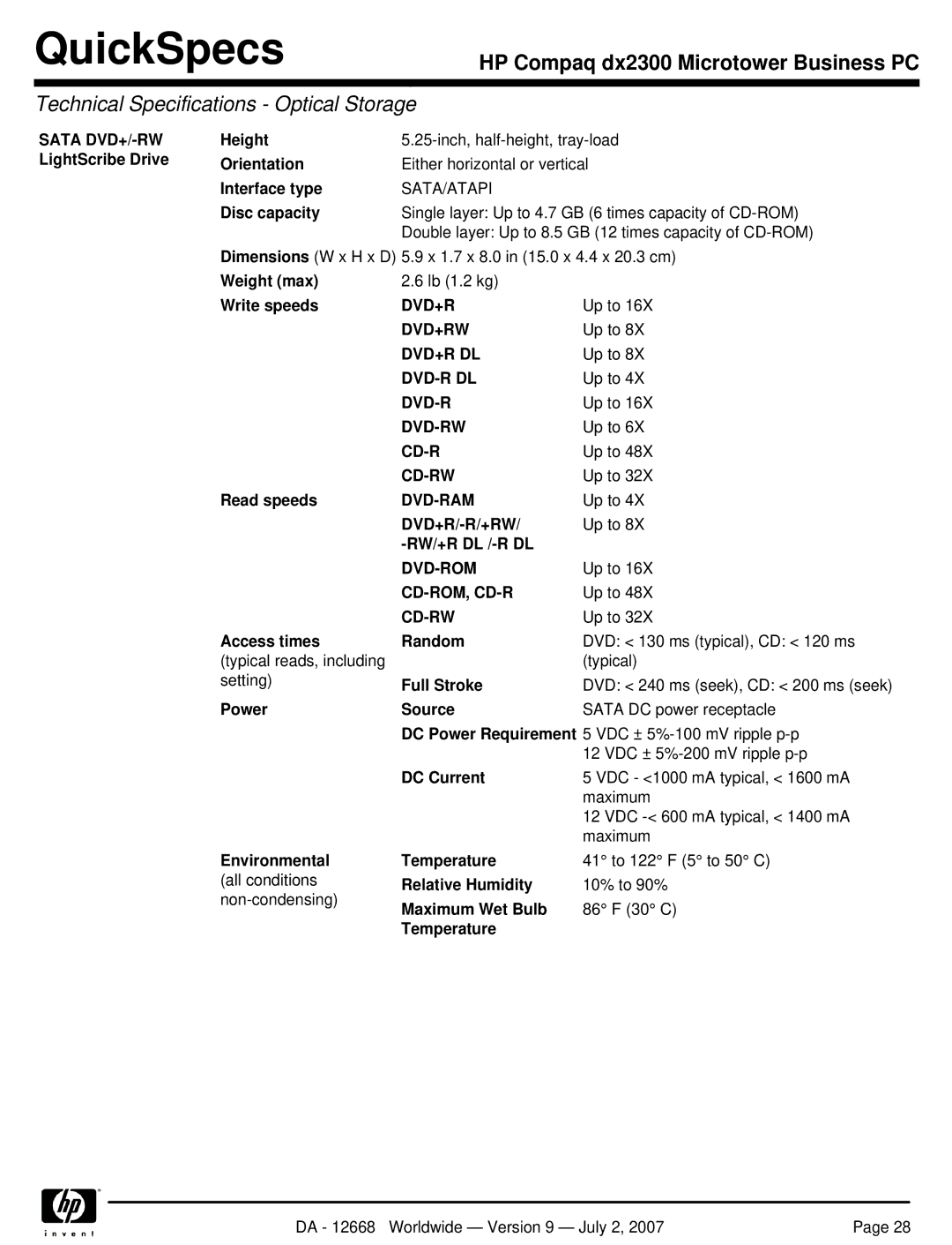 HP DX2300 manual Sata DVD+/-RW LightScribe Drive Height 