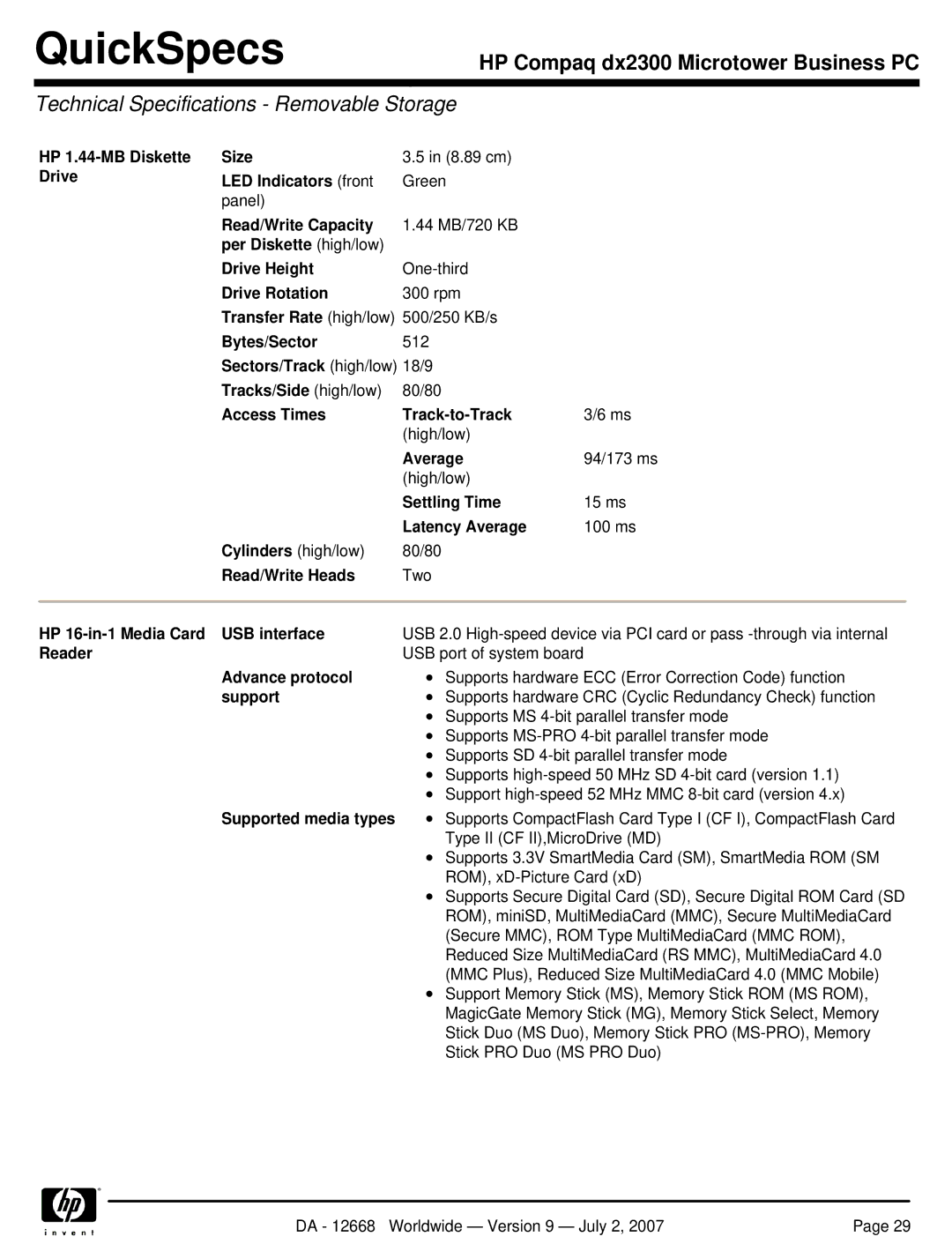 HP DX2300 manual Technical Specifications Removable Storage 