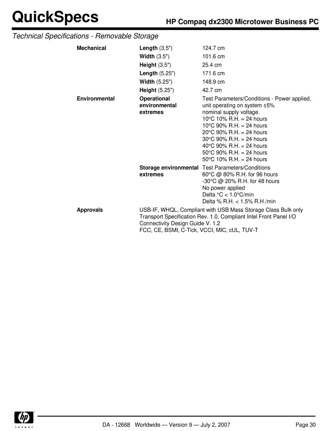 HP DX2300 manual Mechanical Length, Environmental Operational, Extremes, Storage environmental 