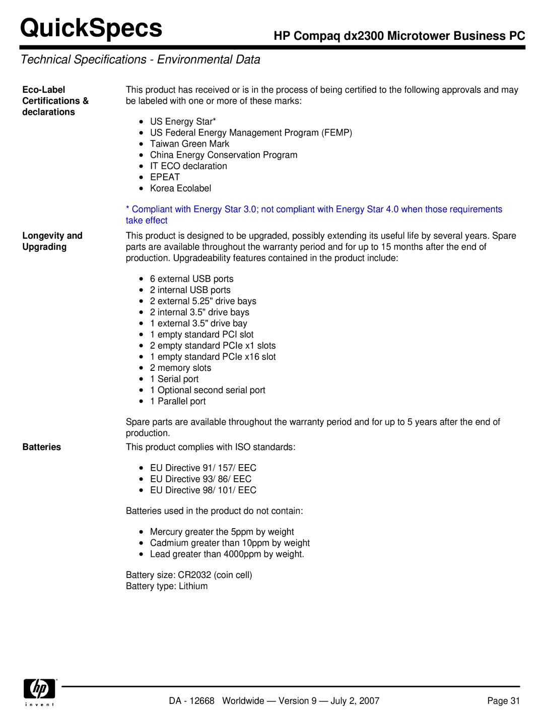 HP DX2300 manual Technical Specifications Environmental Data 