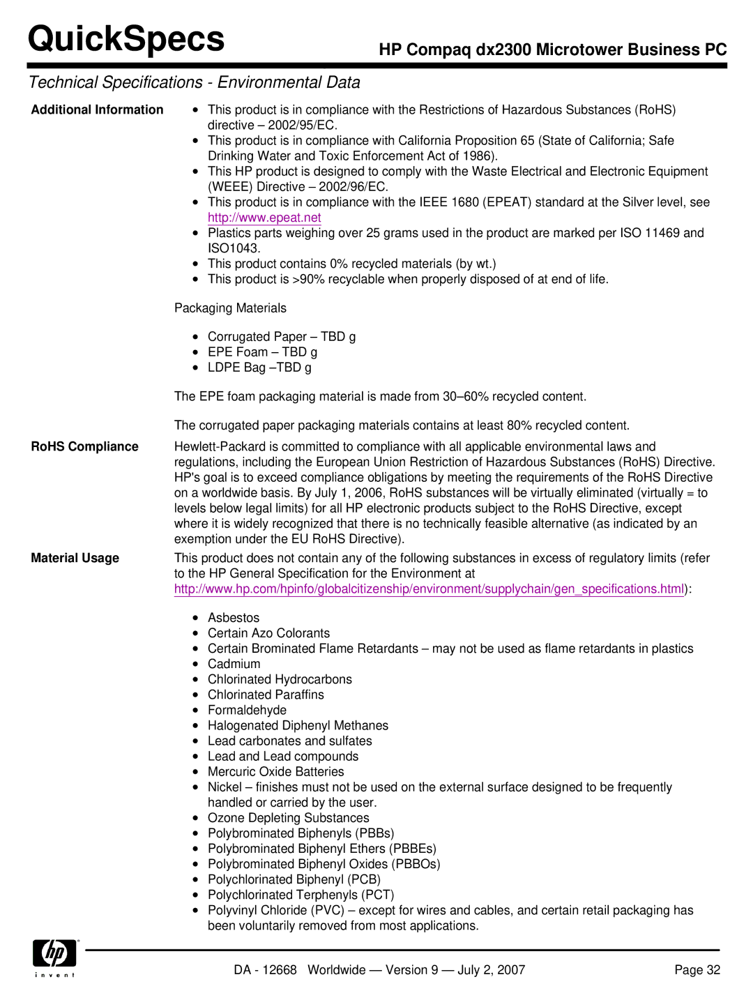 HP DX2300 manual RoHS Compliance, Material Usage 