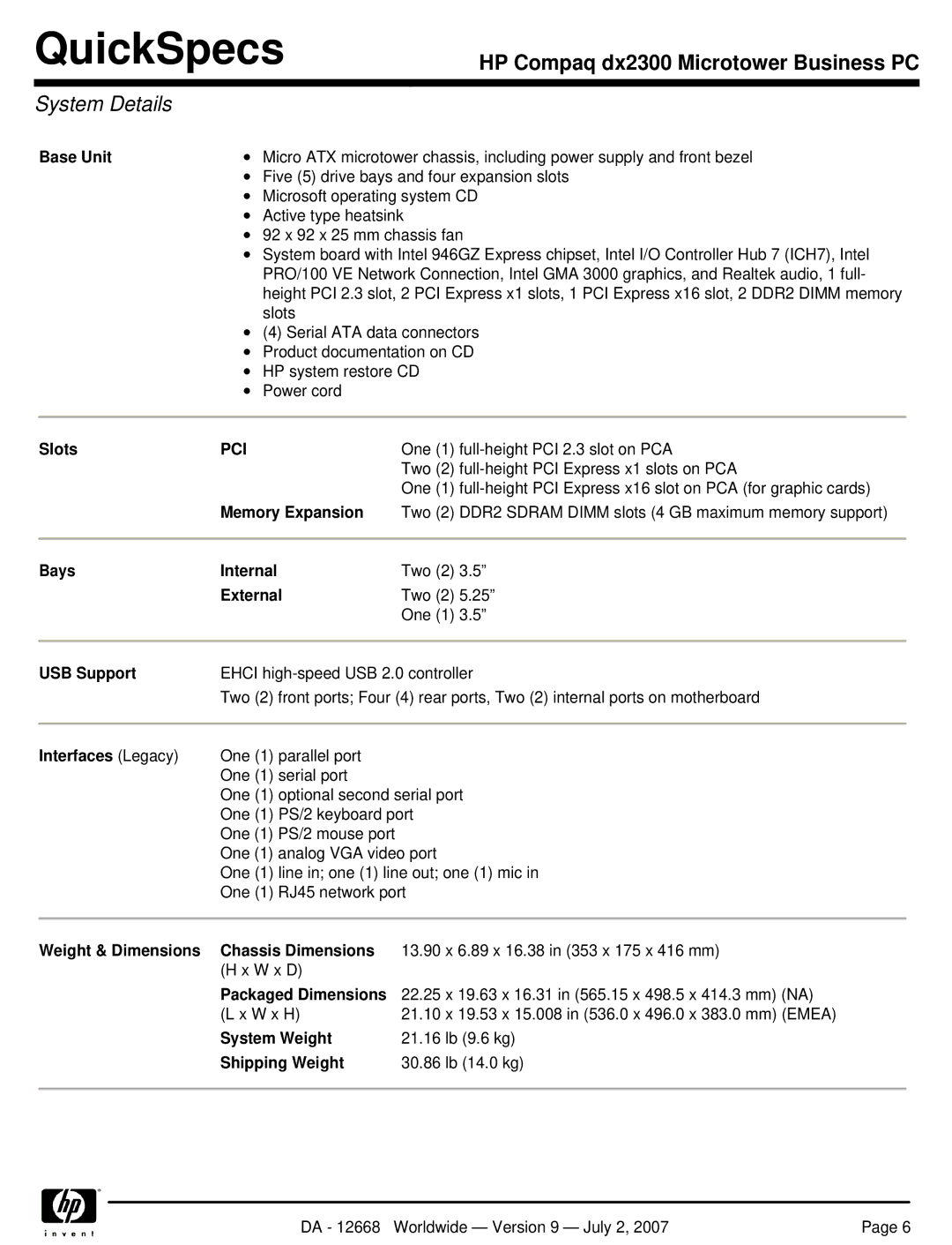 HP DX2300 manual System Details, Pci 