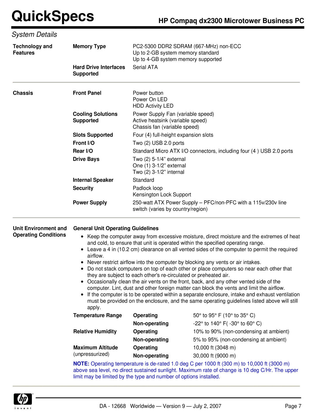 HP DX2300 manual Technology Memory Type, Features, Hard Drive Interfaces, Supported Chassis Front Panel, Cooling Solutions 