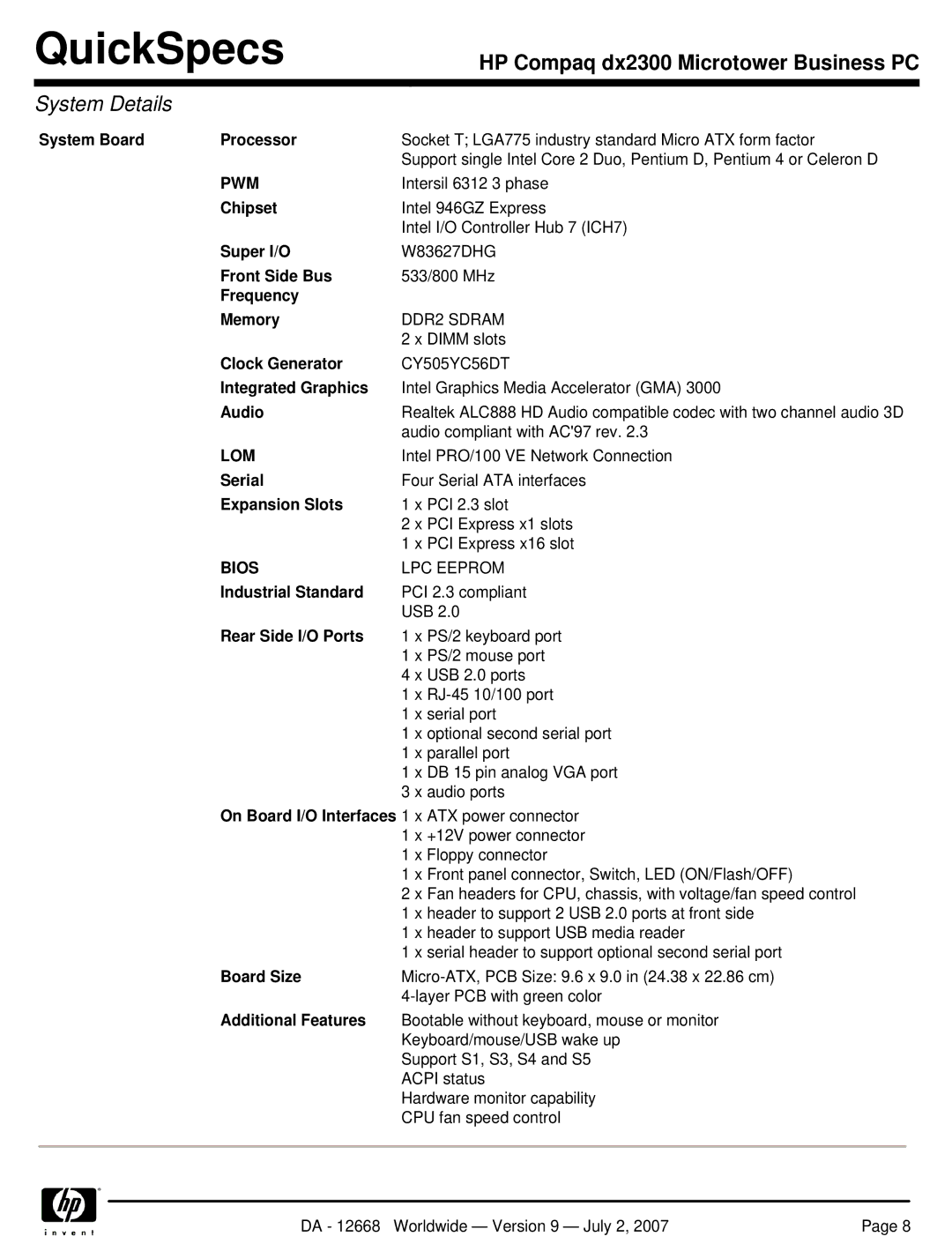 HP DX2300 manual Pwm, Lom, Bios 