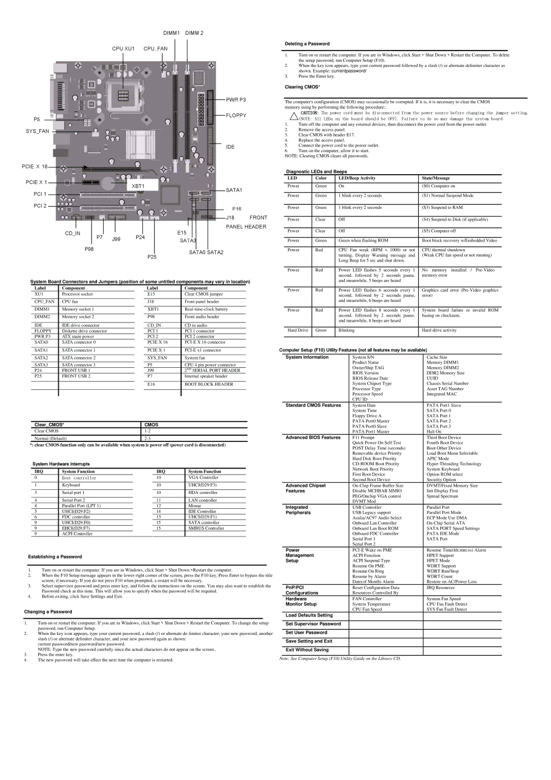 HP dx2310 Clearing Cmos, Diagnostic LEDs and Beeps, System Information, Standard Cmos Features, ClearCMOS, Integrated 