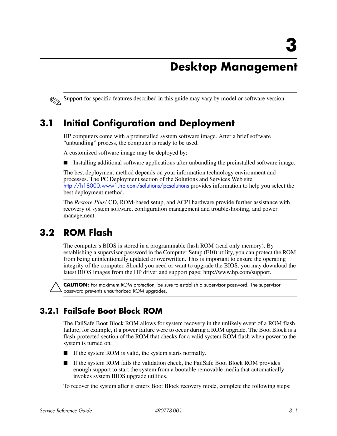 HP dx2310 manual Desktop Management, Initial Configuration and Deployment, ROM Flash, FailSafe Boot Block ROM 