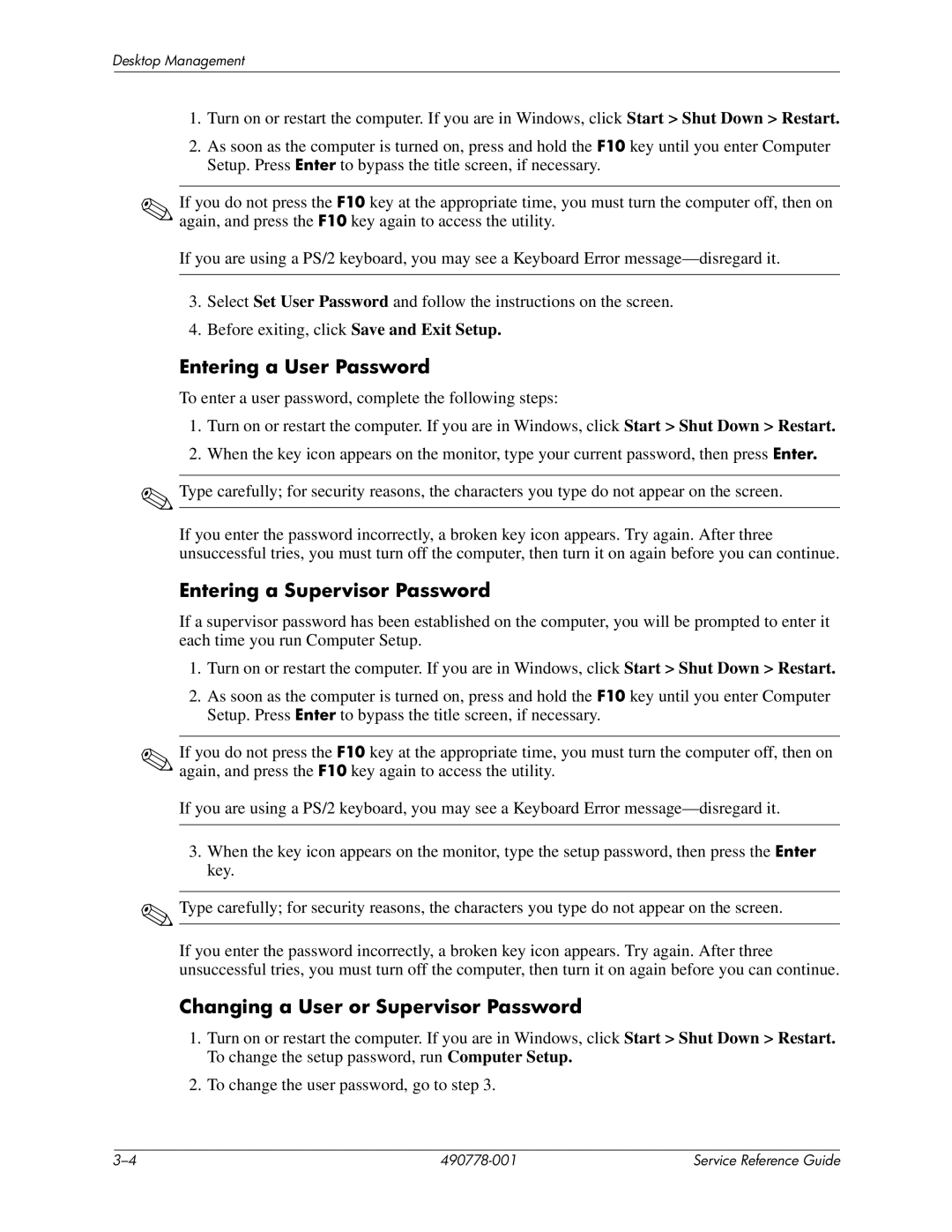 HP dx2310 manual Entering a User Password 