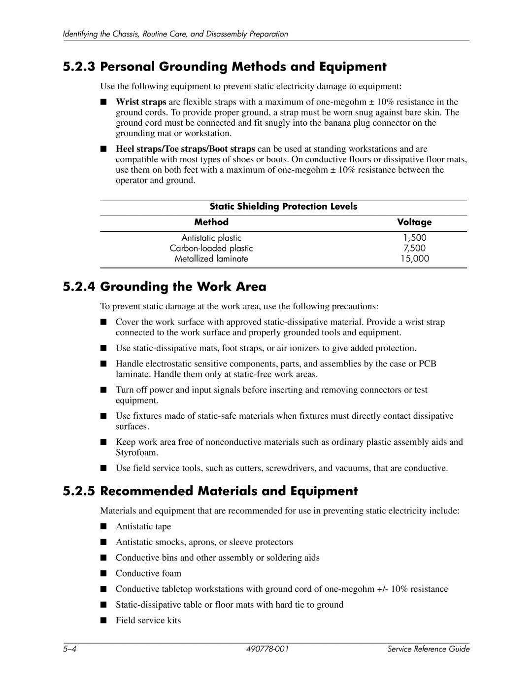 HP dx2310 manual Personal Grounding Methods and Equipment, Grounding the Work Area, Recommended Materials and Equipment 