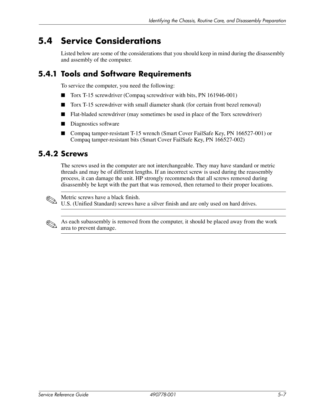 HP dx2310 manual Service Considerations, Tools and Software Requirements, Screws 