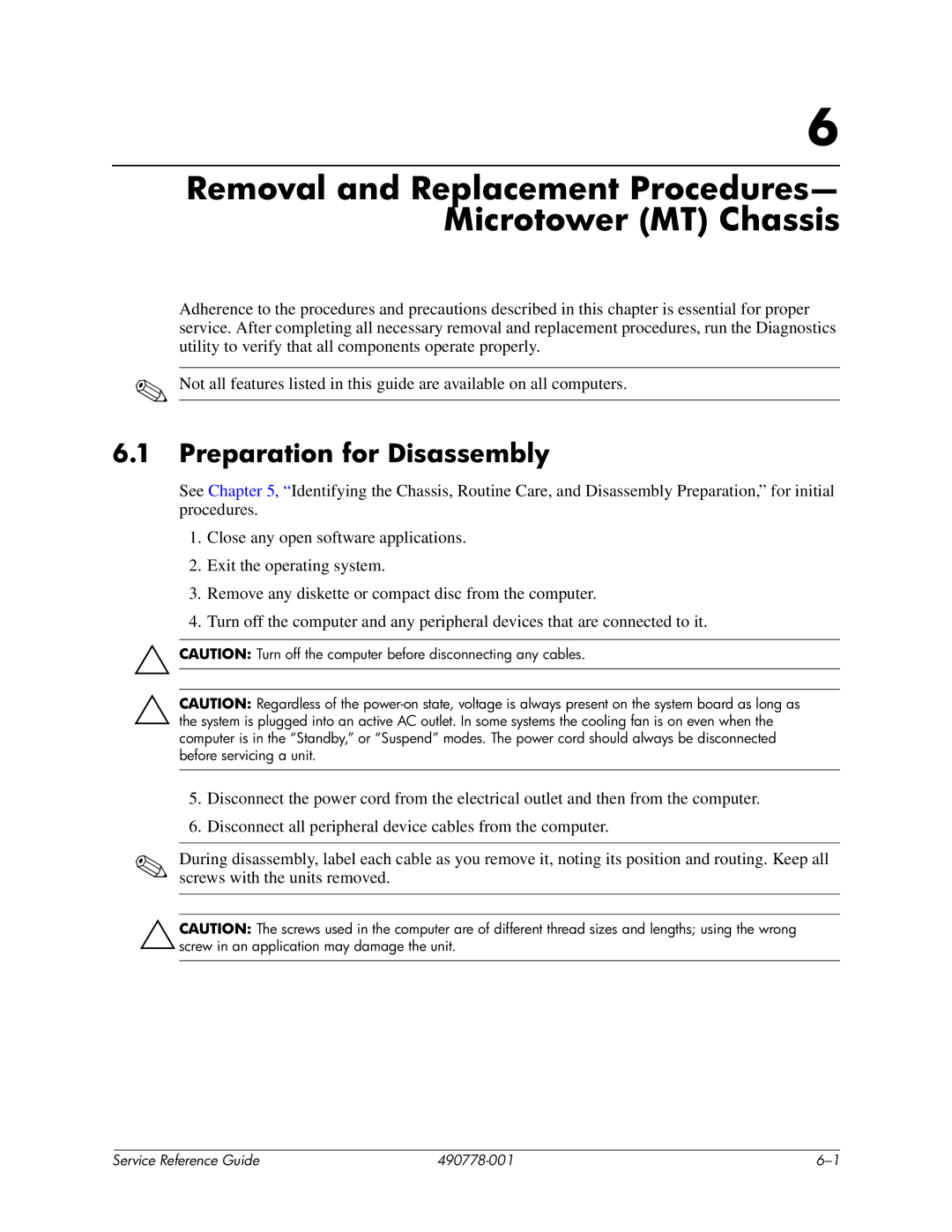 HP dx2310 manual Removal and Replacement Procedures- Microtower MT Chassis, Preparation for Disassembly 