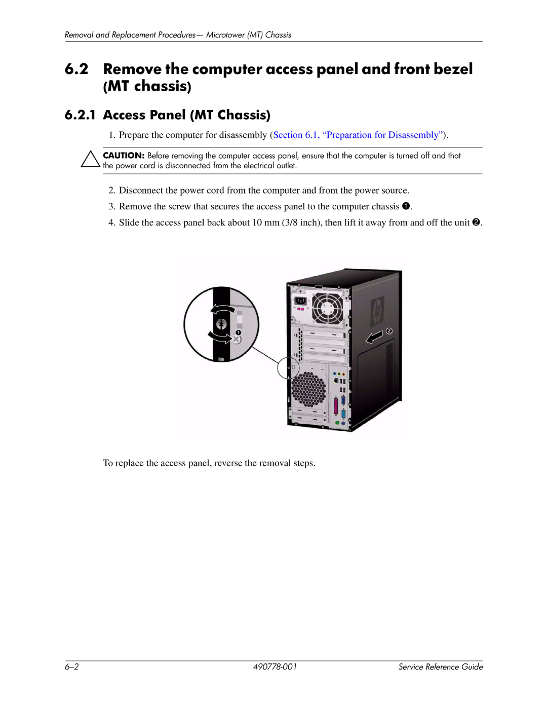 HP dx2310 manual Remove the computer access panel and front bezel MT chassis, Access Panel MT Chassis 