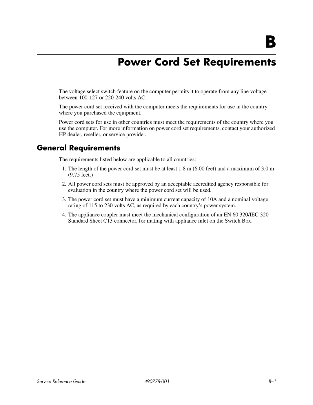 HP dx2310 manual Power Cord Set Requirements, General Requirements 