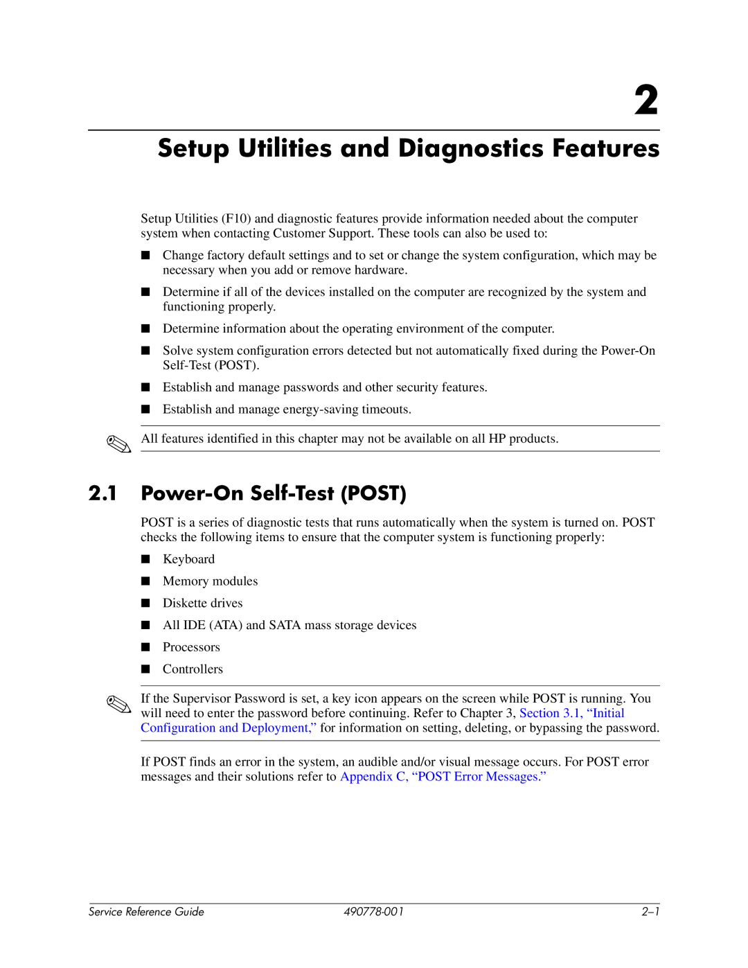 HP dx2310 manual Setup Utilities and Diagnostics Features, Power-On Self-Test Post 