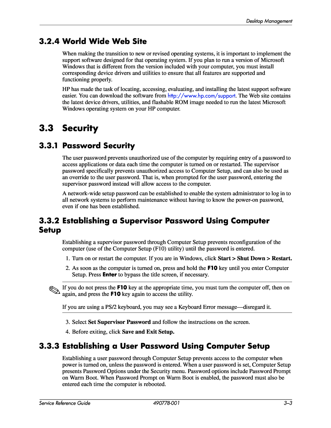 HP dx2310 manual World Wide Web Site, Password Security, Establishing a Supervisor Password Using Computer Setup 